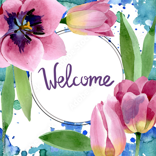 Pink tulips floral botanical flowers. Watercolor background illustration set....