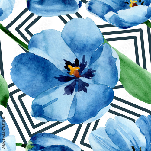 Blue tulip floral botanical flowers. Watercolor background illustration set. ...