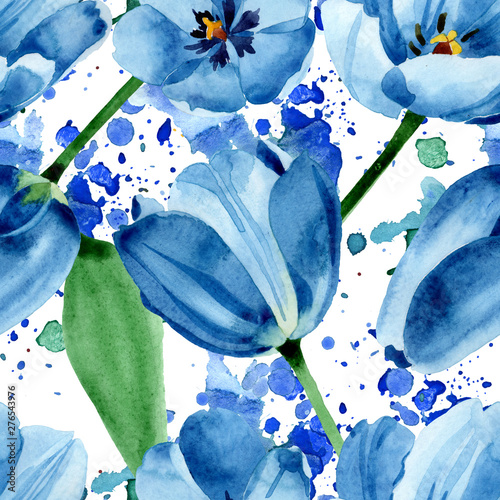 Blue tulip floral botanical flowers. Watercolor background illustration set. ...