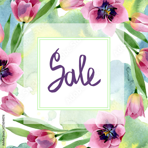 Pink tulips floral botanical flowers. Watercolor background illustration set....