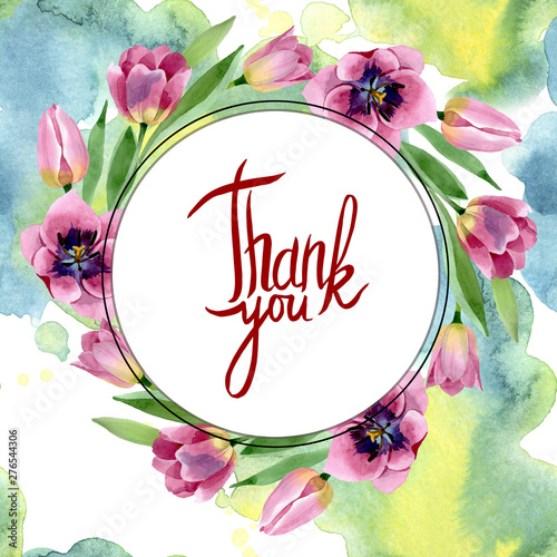 Pink tulips floral botanical flowers. Watercolor background illustration set....