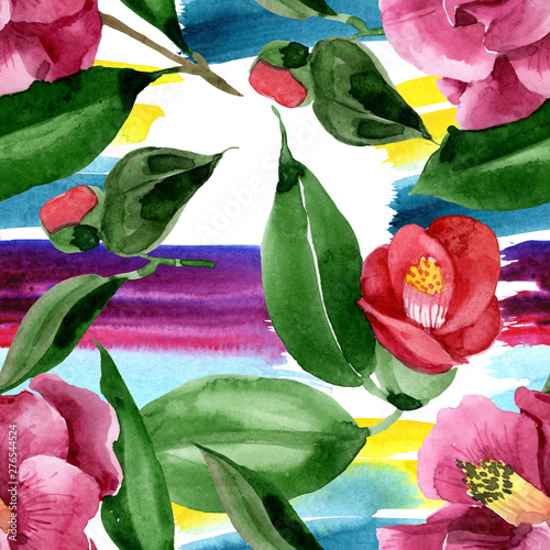 Red camelia floral botanical flower. Watercolor background illustration set. ...