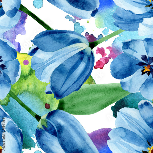 Blue tulip floral botanical flowers. Watercolor background illustration set. ...