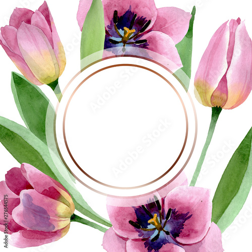 Pink tulips floral botanical flowers. Watercolor background illustration set....