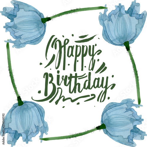 Blue poppy floral botanical flowers. Watercolor background illustration set. ...