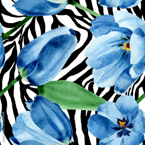 Blue tulip floral botanical flowers. Watercolor background illustration set. ...