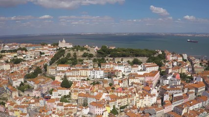 Wall Mural - St. George castle, Lisbon, Portugal, Europe. 4k aerial drone view