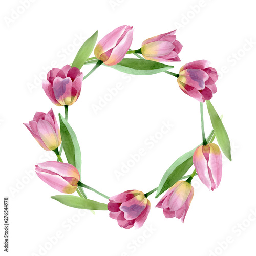 Pink tulips floral botanical flowers. Watercolor background illustration set....