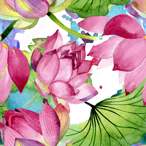 Pink lotus floral botanical flowers. Watercolor background illustration set. ...