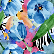 Blue Tulip Floral Botanical Flowers. Watercolor Background Illustration Set. Seamless Background Pattern.