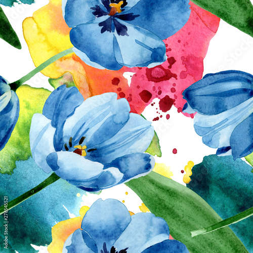 Blue tulip floral botanical flowers. Watercolor background illustration set. ...
