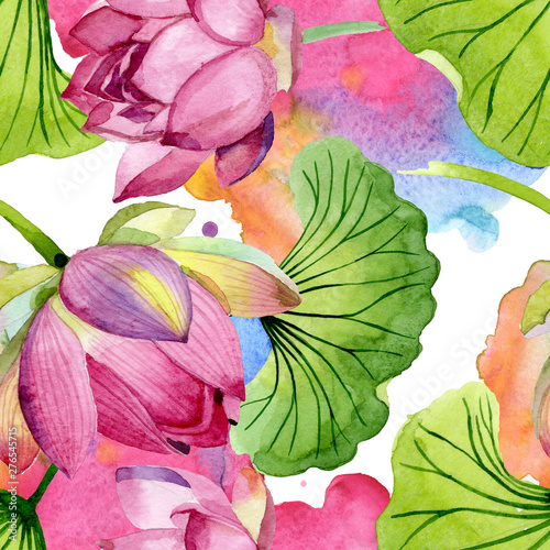 Pink lotus floral botanical flowers. Watercolor background illustration set. ...
