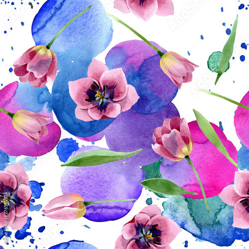 Pink tulips floral botanical flowers. Watercolor background illustration set....