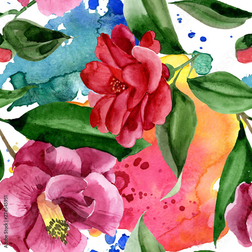 Red camelia floral botanical flower. Watercolor background illustration set. ...