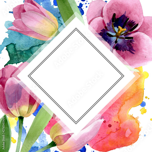 Pink tulips floral botanical flowers. Watercolor background illustration set....