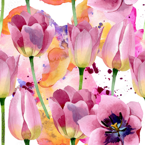 Pink tulips floral botanical flowers. Watercolor background illustration set....