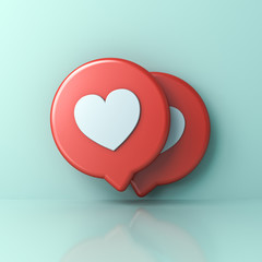 Fototapete - 3d social media notification love like heart icons on red round sign pins isolated on light green blue pastel color wall background with shadows and reflections 3D rendering