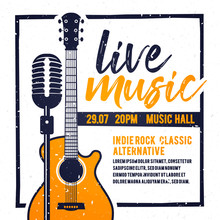 Vector Illustration Banner Or Poster For Live Music Festival With Orange Guitar In Retro Style