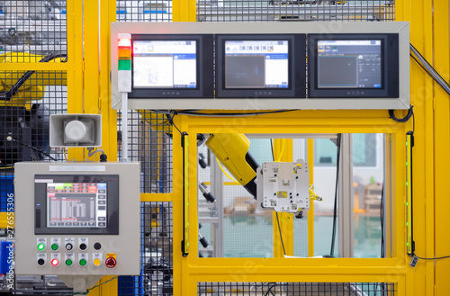 Factory Processing Screen Factory 4.0 concept : View of operation panel and product inspection ...