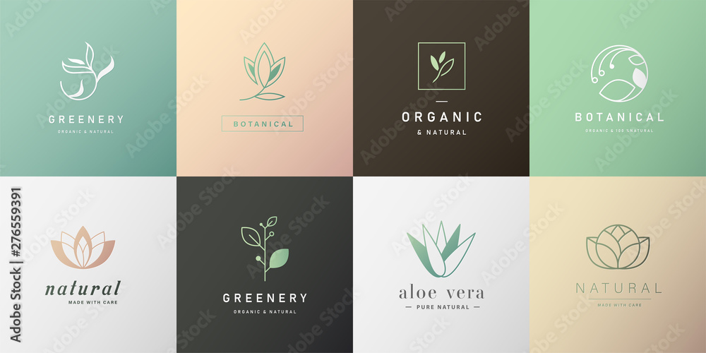 Set of natural and organic logo in modern design. Natural logo for branding, corporate identity, packaging and business card.  - obrazy, fototapety, plakaty 
