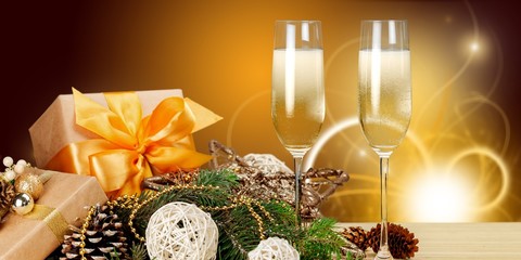 Wall Mural - Champagne Glasses with Christmas Decorations and Presents