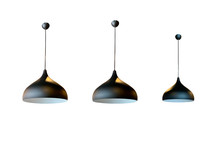 Three Black Fixture With Wiring And Hanging Plate Clipping Path And Isolated On White Background For Interior Decoration.