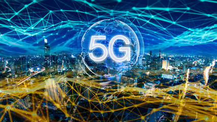 Poster - 5g network digital hologram and internet of things on city background.5g network wireless systems.
