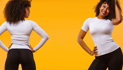 Wall Mural - Strong athletic woman with black skin and curly hair, posing on yellow background wearing sportswear. Fitness and sport motivation. Catalogue example.