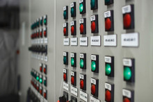 Control Panel Of Temperature Control Units, Selective Focus. Many Buttons Are Red And Green.