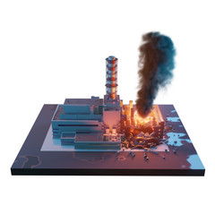 Chernobyl nuclear power plant. Chernobyl disaster catastrophe. 3d isometric illustration isolated on white background.