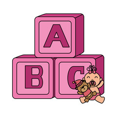 Sticker - alphabet blocks toys with baby girl and bear teddy