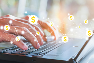 businessman using laptop with money icon, business, internet and technology concepts