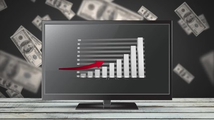 Poster - Growth on graph displayed on flatscreen with floating dollars behind