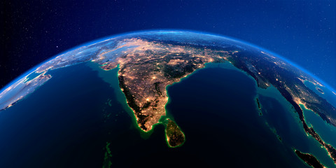 detailed earth at night. india and sri lanka
