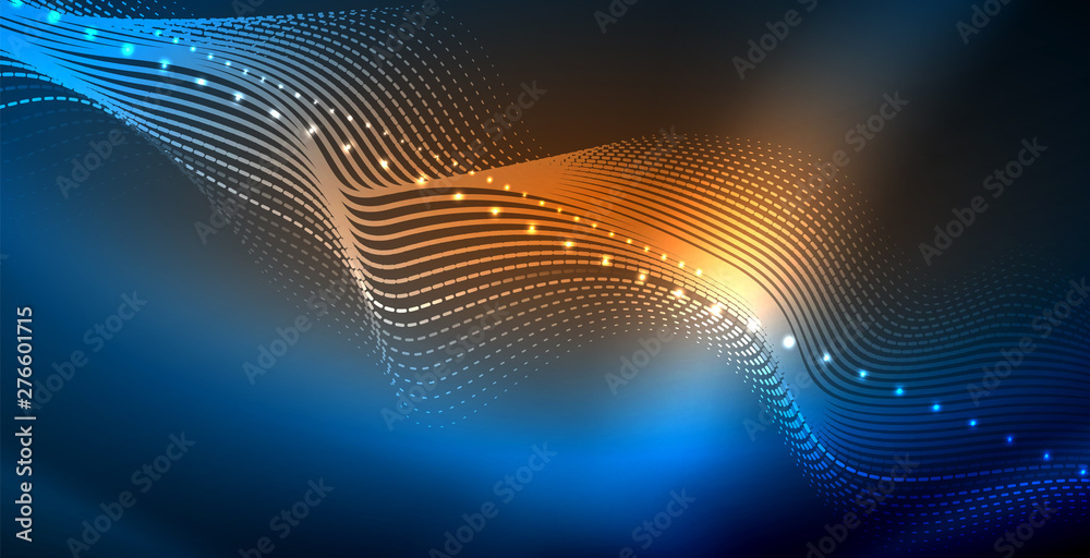 Glowing abstract wave on dark, shiny motion, magic space light. Vector techno abstract background