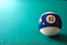 Striped Color Blue And White Billiard Ball With Number 10 On Green Table Background With Place