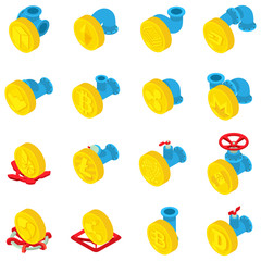 Poster - Coin flow icons set. Isometric set of 16 coin flow vector icons for web isolated on white background