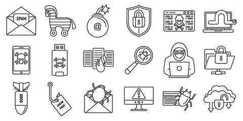 Poster - Cyber attack bug icons set. Outline set of cyber attack bug vector icons for web design isolated on white background
