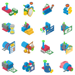 Poster - Metal money icons set. Isometric set of 16 metal money vector icons for web isolated on white background
