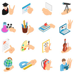 Poster - School education icons set. Isometric set of 16 school education vector icons for web isolated on white background