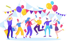 Happy People Celebrating Birthday, New Year Or Another Holiday Event. Vector Flat Illustration.