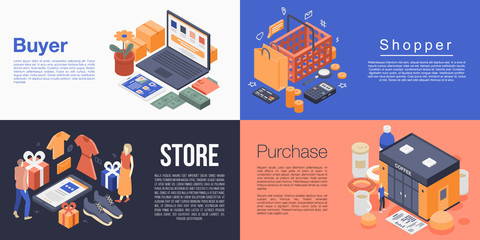 Wall Mural - Buyer banner set. Isometric set of buyer vector banner for web design