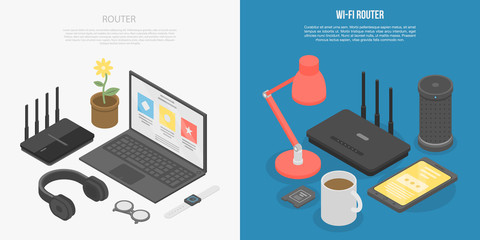 Poster - Router wireless banner set. Isometric set of router wireless vector banner for web design