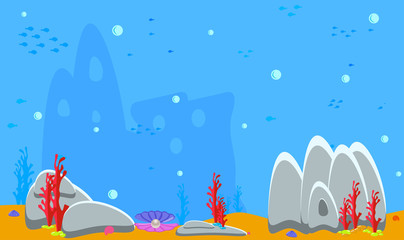 Baby Shark background. Blue underwater landscape with fishes, coral reefs, huge rocks and see weeds. Tropical undersea world. Vector detail hand drawn illustration of sea-life.