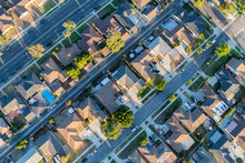 Aerial View Of Residential Rooftops, Streets And Alleys In The Southbay Area Of Los Angeles County California.