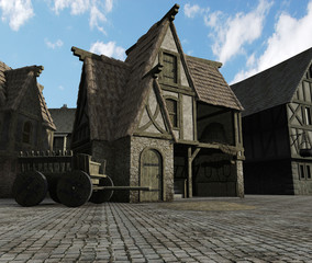 Fototapete - Fantasy illustration of a street Scene set in a European town during the Middle Ages or Medieval period, 3d digitally rendered illustration