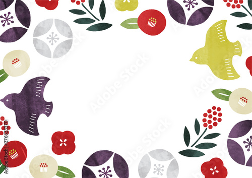 ポップな和柄のフレーム椿と鳥水彩 Stock Vector Adobe Stock