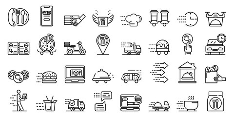 Sticker - Food delivery service icons set. Outline set of food delivery service vector icons for web design isolated on white background