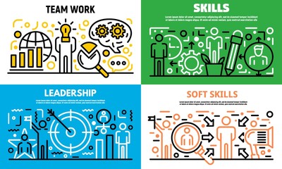 Poster - Human managing skills banner set. Outline set of human managing skills vector banner for web design