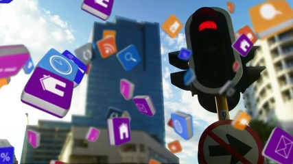 Poster - internet symbols falling on a city background